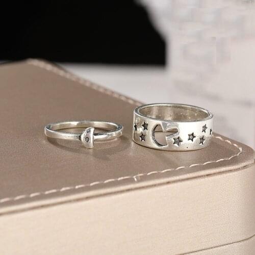 Punk Simple Geometric Jewelry Unique Star Mushroom Ring Set 2PCS European Vintage Silver Color Couple Rings Party Gift Bague