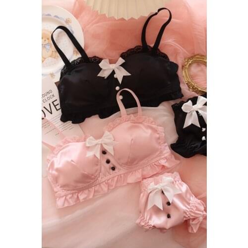 Wriufred Underwear maid cos lingerie two-dimensional sweet and cute bow bralette womens no steel ring bra panties set