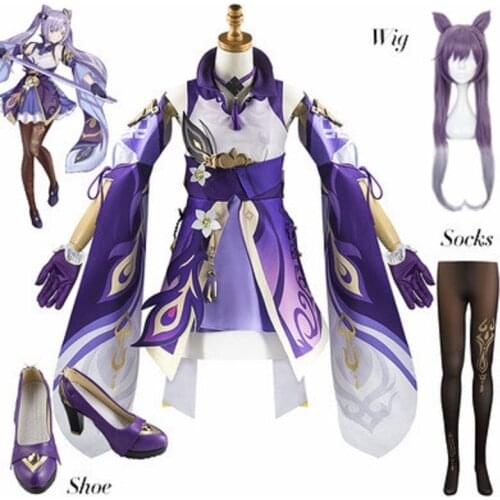 New Game Genshin Impact Keqing Cosplay Costume Purple Uniform Elegant Dress Wig Shoes Canival Halloween Party Outfit For Women