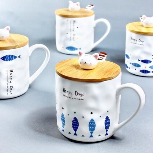 Originality Kitty And Shoal Of Fish Ceramics Glass Coffee Mug Cartoon Bring Spoon Cover Breakfast Milk Cup Black Tea Tea Cup