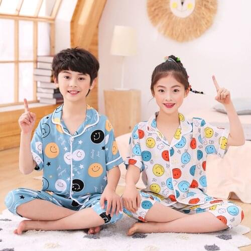 Summer Kids Pajamas Boys Girls 2-Piece Coat Style Homewear Children Tops + Pants Lounge Set Toddler Teenagers Clothes