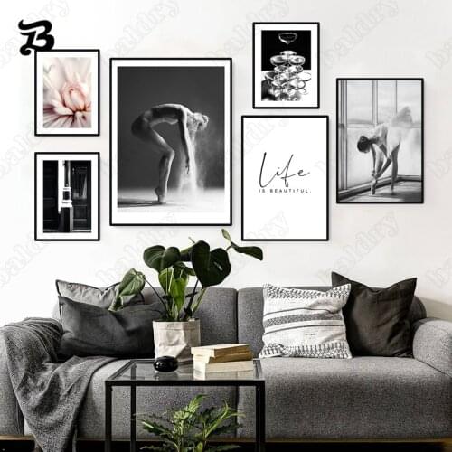 Elegant Ballet Dancer Posters Art Pictures Black White Scenery Ballerina Wineglass Flower Poster and Print for Living Room Decor