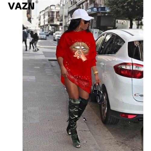 VAZN 2020 New Young Lady Cartoon O-Neck Women Hip Pop Ladies Dress Sexy Dress Fashion Full Sleeve Dress