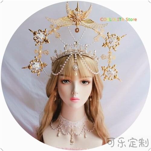 Lolita Gothic Style Angle Devil Goddess Sun Halo Crown Headband Gorgeous Pearl Vintage Mary Baroque Tiara Headwear Cosplay