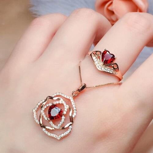 The Best engagement Gift Natural real red garnet luxury style jewelry set 1pc ring 1pc Pandant 925 sterling silver