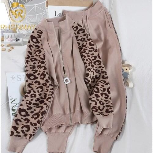 Two Piece Tracksuit Long Sleeve Coat And Trousers Fashion Leopard Patchwork Knit Casual Suit Set 2020 New Autumn Female Korean