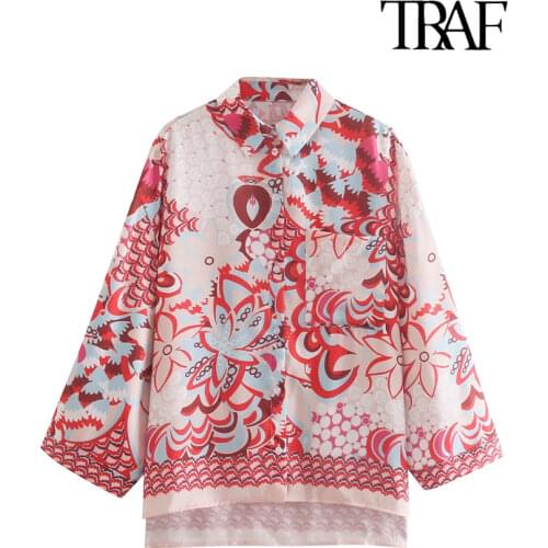 TRAF Women Fashion With Scarf Printed Loose Asymmetric Blouses Vintage Long Sleeve Side Vents Female Shirts Chic Tops