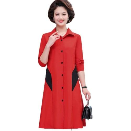 New Spring Autumn Womens Trench Coat Middle-Aged Elderly Mothers Coat Single-Breasted Red Black Thin Windbreaker Outerwear 5XL