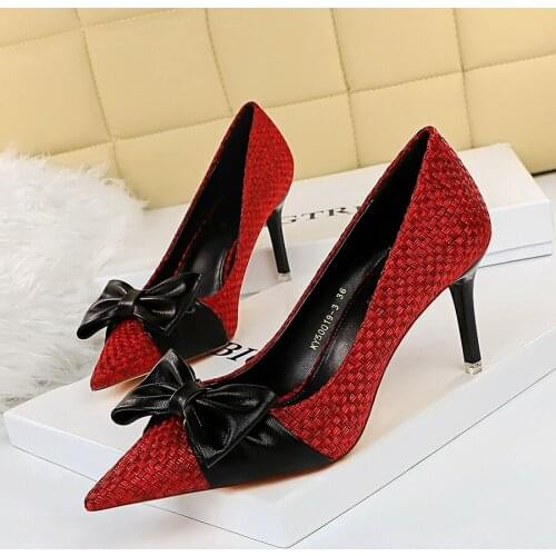BIGTREE Shoes New Bowknot Woman Pumps Pointed Toe High Heels Designer Shoes Weave Stiletto Heels Female Shoes Fashion Footwear