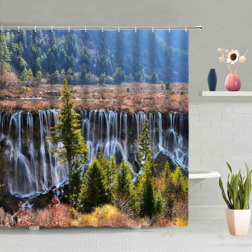 Natural Scenery Shower Curtains Waterfall Mountain Forest Bathroom Decoration Bath Curtain Washable With Hook Set Home Screen