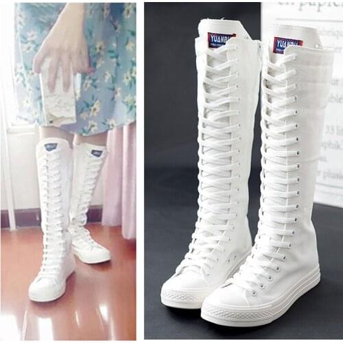 2021 Spring Autumn Women Shoes Canvas Casual High Top Shoes Long Boots Lace-Up Zipper Comfortable Flat Boots Sneakers Size 34-40