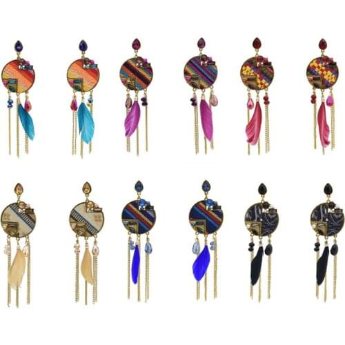 Bohemian Long Tassel Feather Pendant Earrings Color Rhinestone Alloy Earrings Wild Ladies Trend Jewelry