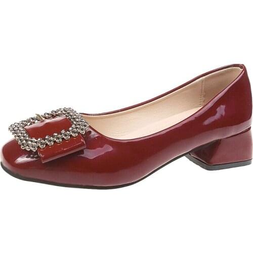 Summer New Single Shoes Wild Lady Rhinestones2019 Square Buckle Shallow Mouth Paint Leather Fairy Wind Heel Scoop Shoes Tide