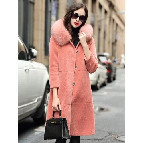 Real Fur Coat Female Sheep Shearling Jacket Winter Coat Women Fox Fur Collar Long Jacket Korean Outwear Manteau Femme MY