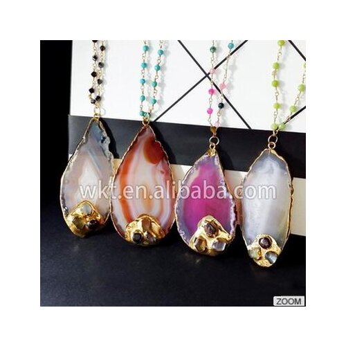 WT-N338 Wholesale Custom Fashion Slice Carnelian Necklace With Colorful Beads Chain In Random Shape