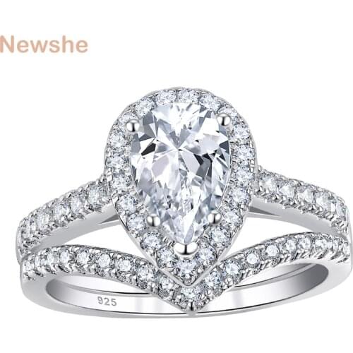 Newshe Halo Pear Cut AAAAA Cubic Zirconia Solid 925 Sterling Silver Engagement Ring Wedding Band For Women Bridal Jewelry TR2470