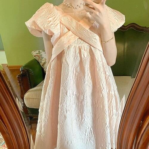Bella 2021 Summer Sweet Kawaii Dress Women Vintage Fairy Bubble Sleeve Pink Dress Cross A-line Loose Pretty Princess Cute Dress