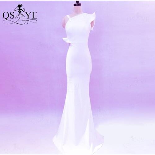 White Mermaid Evening Dresses Stretch Shoulder Straps Prom Gown Hollow Out Formal Party Gown Elastic Fit Women Bride White Dress