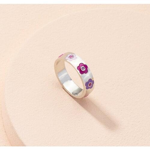 New Ins Vintage Color Flower Ring Simple Metal Drop Oil Purple Flower Rings For Women Girls Fashion Jewelry Gift