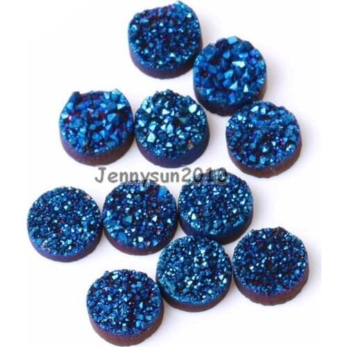 16mm Metallic Blue (No Hole) Druzy Quartz Ag-ate Flat Back Connector Round Cabochon Beads Jewelry 10 Pcs /Pack
