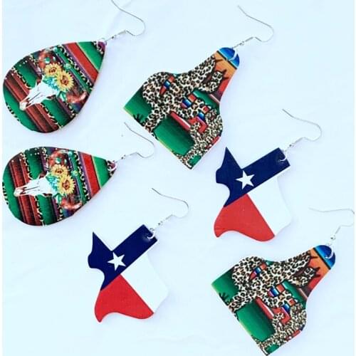 3pairs Women Oil Painting Cow Tags Bull Head Texas Earrings Western Style for Leather Dangle Earrings Vintage