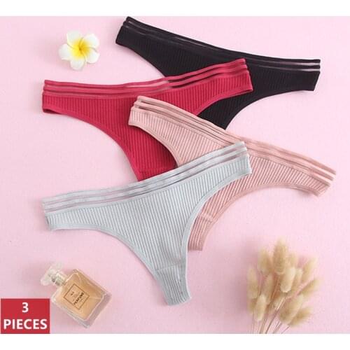 3Pcs Sexy Cotton Womens Thong Underwear Transparent Belt Panties Breathable Low-Waist Ladies Briefs Seamless Female Lingerie