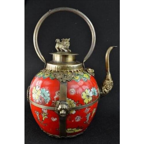 Free shipping Collectibles Decorated tibet silver red Porcelain Lion lid big Teapot