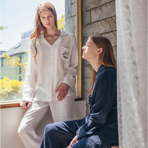 Pajamas at home womens spring and autumn pure cotton simple leisure embroidery womens sleepwear version home clothes suit