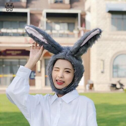 BOLAFYNIAGray long-haired bunny ears headgear hat plush toy hat stuffed toy cap