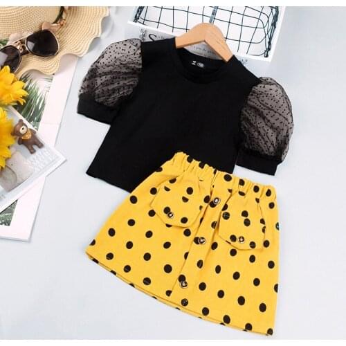 Fashion Baby Girls Clothes Sets Summer Black Puff Sleeve Tops Polka Dots Skirts Sets for Girls Children Kids Clothing Sets 2-8Y
