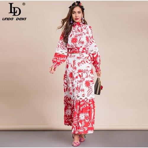 LD LINDA DELLA 2021 Fashion Designer Autumn Red Flower print Skirt Suit Womens Lantern sleeve Loose Top and Skirts 2 Pieces Set