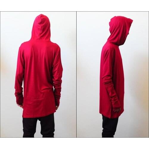 Mens Extended Essential Hooded Long Sleeve Drop Back Oval Hem Under T-shirt Tee -KANYEWST / elongated sleeves