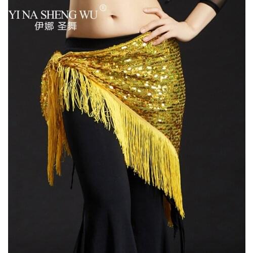 New Womens Belly Dancing Sequin Belt Waist Chain Belly Dance Hip Scarf Belt Solid Color Profession Dance Skirt Tassel Hip Scarf
