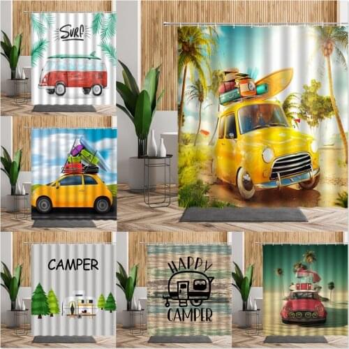 Beach Camper Car Scenery Poster Shower Curtains For Bathroom Coconut Tree Home Bath Decors Living Room Hanging Curtain With Hook