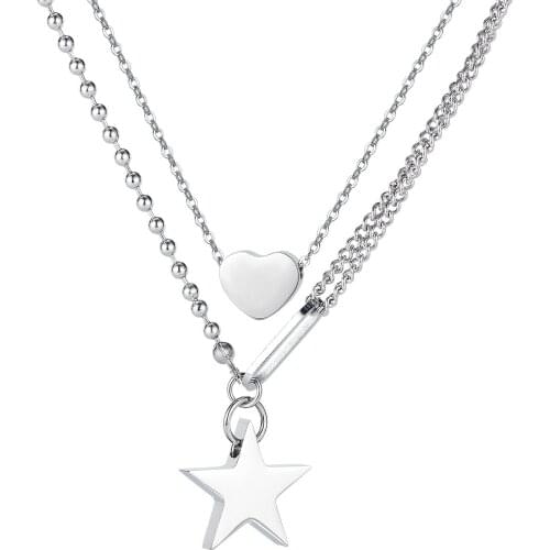 Simple Star Heart Pendant Necklaces Choker Double-Layer Necklace for Woman Girl Stainless Steel Charm Jewelry