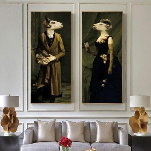 Retro Nostalgia Gentleman Lady Oil Paintings Wall Art Animal Pictures European Style Posters for Living Room Decor No Frame