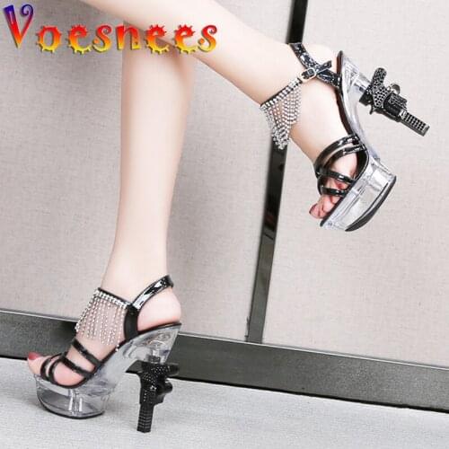 Summer Sandals Women 2021 New Pistol Heel Glow Women Shoes Cross-tied High Heels 14cm Transparent Platform Female pole dance