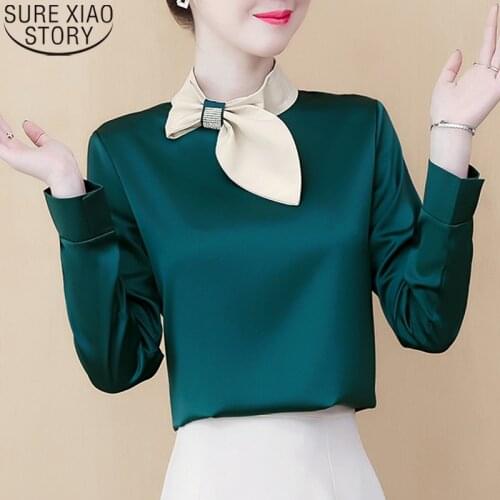 Simulation Silk Long Sleeve Chiffon Blouse Spring New Elegant Bow Blouse Satin Metal Buckled Temperament Women Shirt Blusas 8109