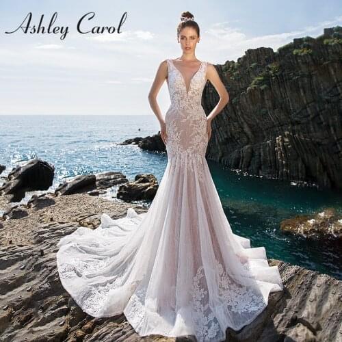 Ashley Carol Mermaid Wedding Dress 2021 Romantic Backless Appliques Beaded V-Neck Sleeveless Bridal Gown Shining Bride Dresses