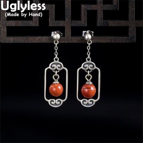 Uglyless Vintage Thai Silver Hollow Square Earrings for Women Dangle Natural Agate Brincos China Chic 925 Silver Studs Earrings