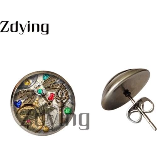 Zdying Steampunk Clock Butterfly Dragonfly Stud Earring Glass Cabochon Dome Earring For Punk Man Woman Party Jewelry Gift CA004