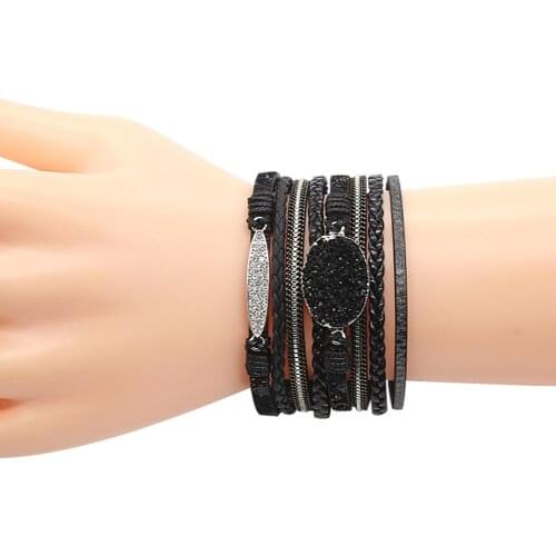 Womens Zircon Leather Bracelet Women Vintage Natural Stone Multi Strand Braided With Magnet Alloy Clasp Bracelet