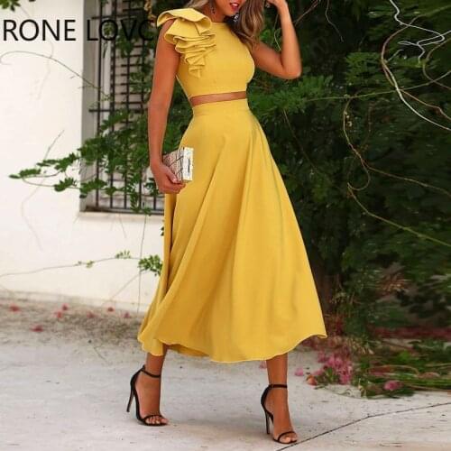 Women Solid Ruffles Backless Crop Top & Maxi Skirt Set Party Weding Set