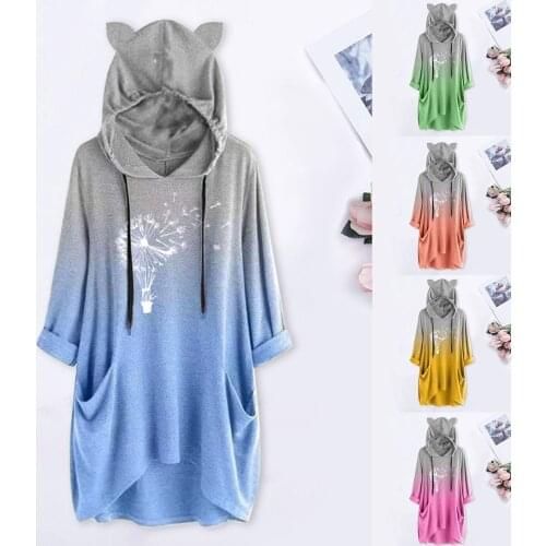 Plus Size Cat Ear Hoodies Women Kawaii Dandelion Print Big Size Loose Long Hooded Pockets Pullover Sweatshirt Top худи оверсайз