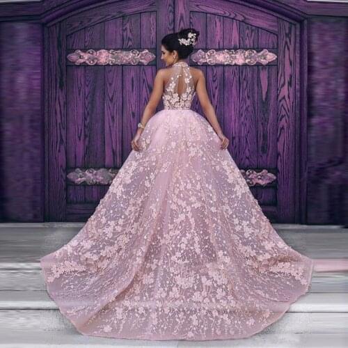Lebanon Evening Dress Pageant Gowns Pink Appliques Lace Formal Dresses Long Elegant Evening Gown Removable Tail Vestido De Festa