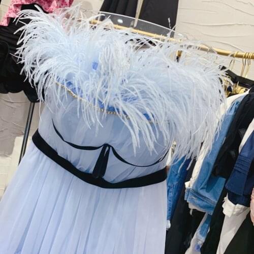 Women Puffy Mesh Ball Gown Ostrich Feather Diamond Dresses Strapless Ruffled Princess Dress Elegant Lady Wedding Party Dress