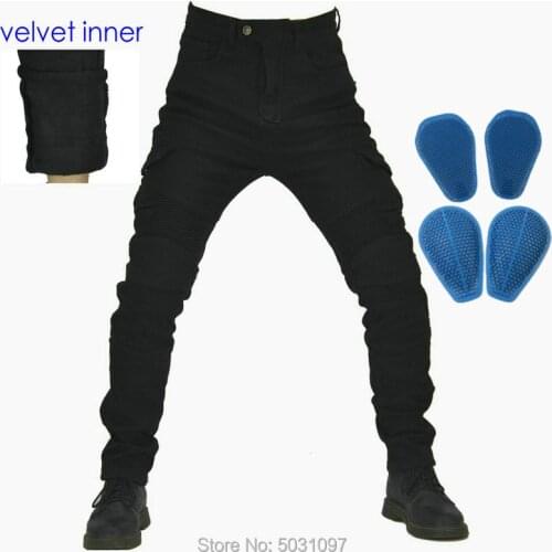 Volero winter motorcycle riding pants knight protective loose straight trousers high flexibility casual jeans velvet inner black