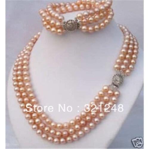 Free postage diy 3 Rows 7-8mm Pink Akoya Pearl Necklace Bracelet beads jewelry making MY2316