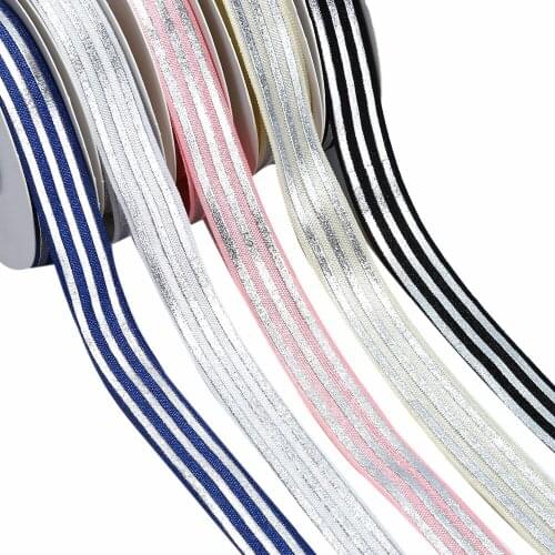 5/8" Silver Foil Stripe FOE Ribbon, 100Y for Black, Best as Headbands, Welcome Custom Print Fold Over Elastic