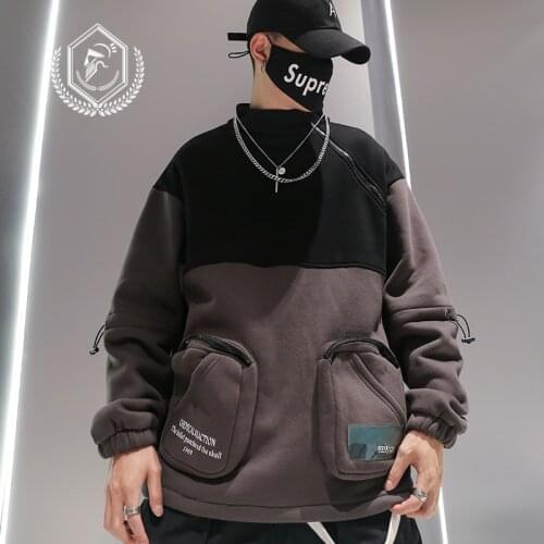 Men Fashion Loose Print Pockets Fleece Heavyweight Casual Pullover Hip Hop Sweatshirts
